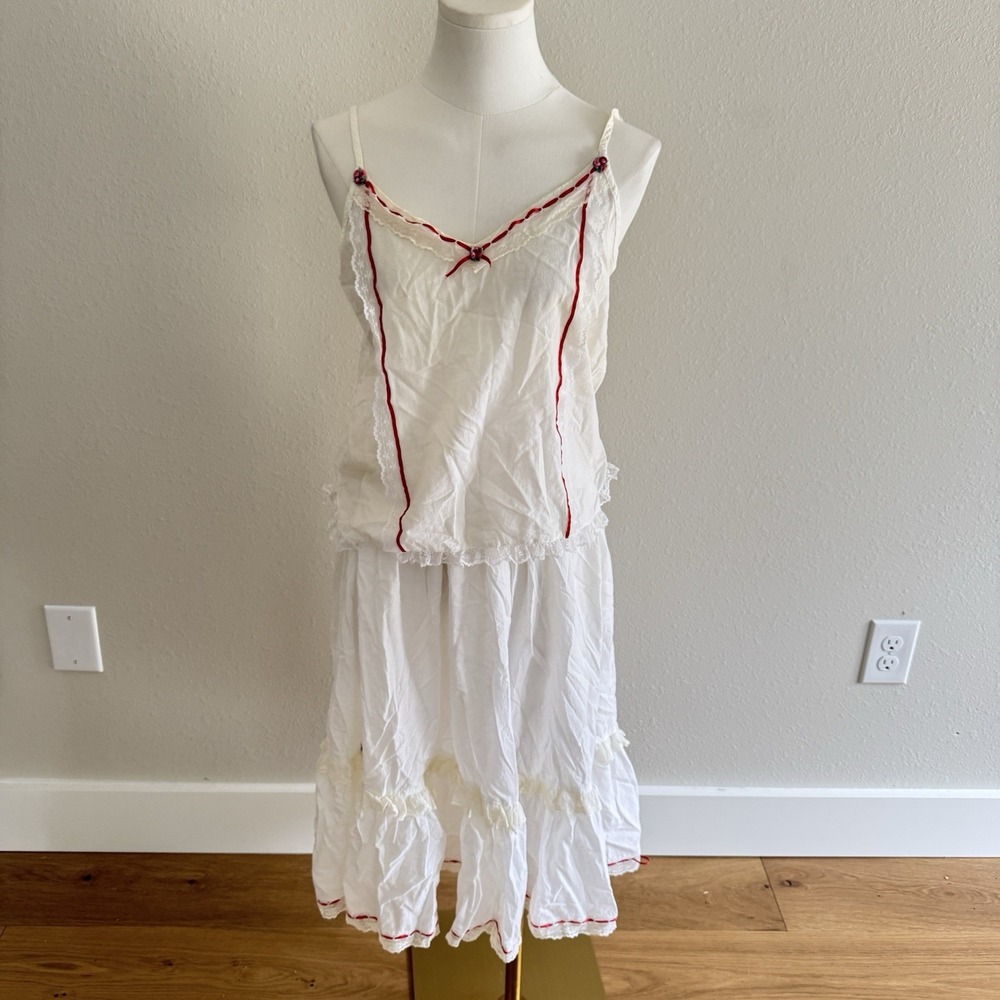 Vintage Cotton Cami Midi Broom Skirt 2pc Ruffle Red Trim Prairie Festival Boho